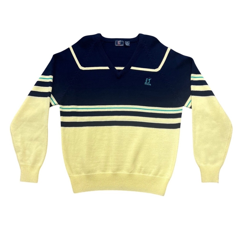 PGA Tour V Neck Sweater Mens XL Navy Yellow Golf Embroidered Logo Acrylic‎